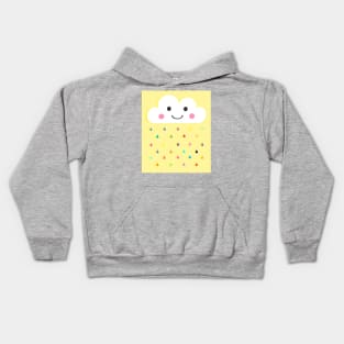 Rainbow Raindrops, Happy Rain Cloud, on Yellow Kids Hoodie